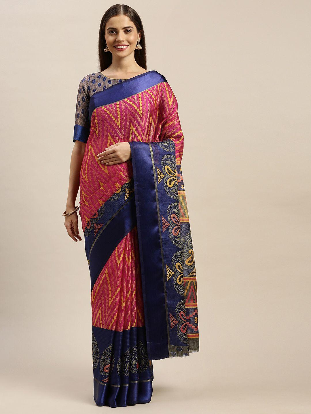 rajnandini magenta pink & navy blue silk cotton printed kota saree