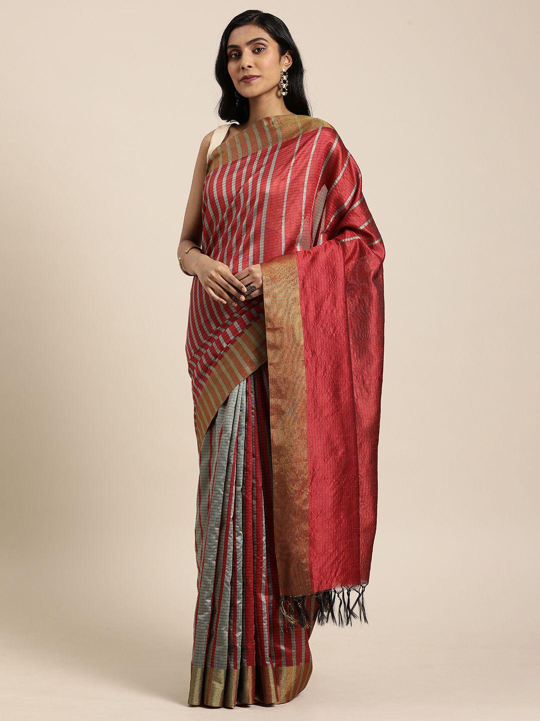 rajnandini maroon & grey cotton blend striped saree