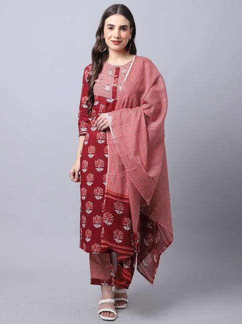 rajnandini maroon cotton printed kurta pant set with dupatta