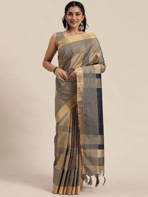 rajnandini navy & beige cotton silk chequered saree with unstitched blouse