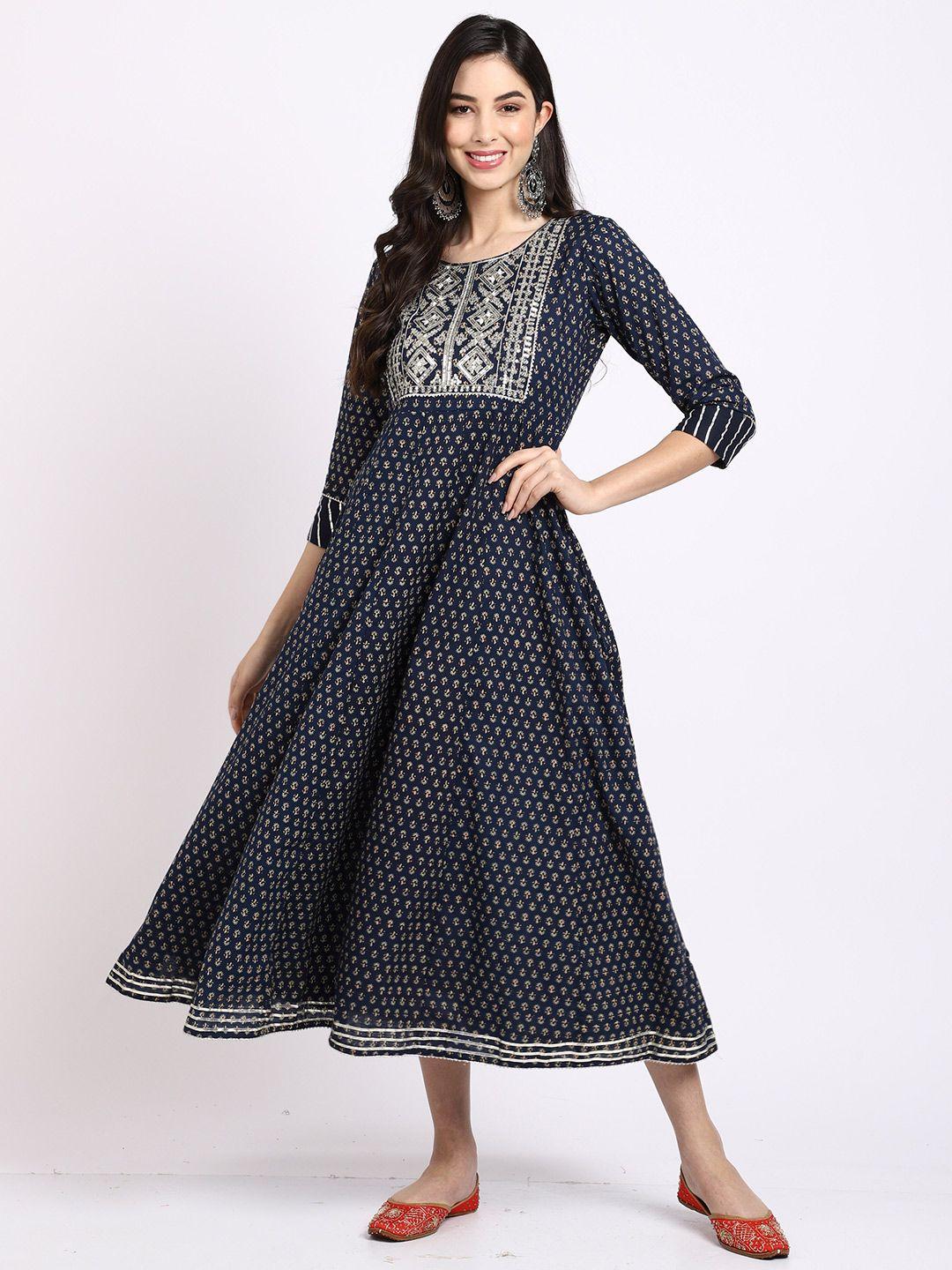 rajnandini navy blue & cream-coloured floral embroidered sequinned pure cotton sequinned anarkali kurti