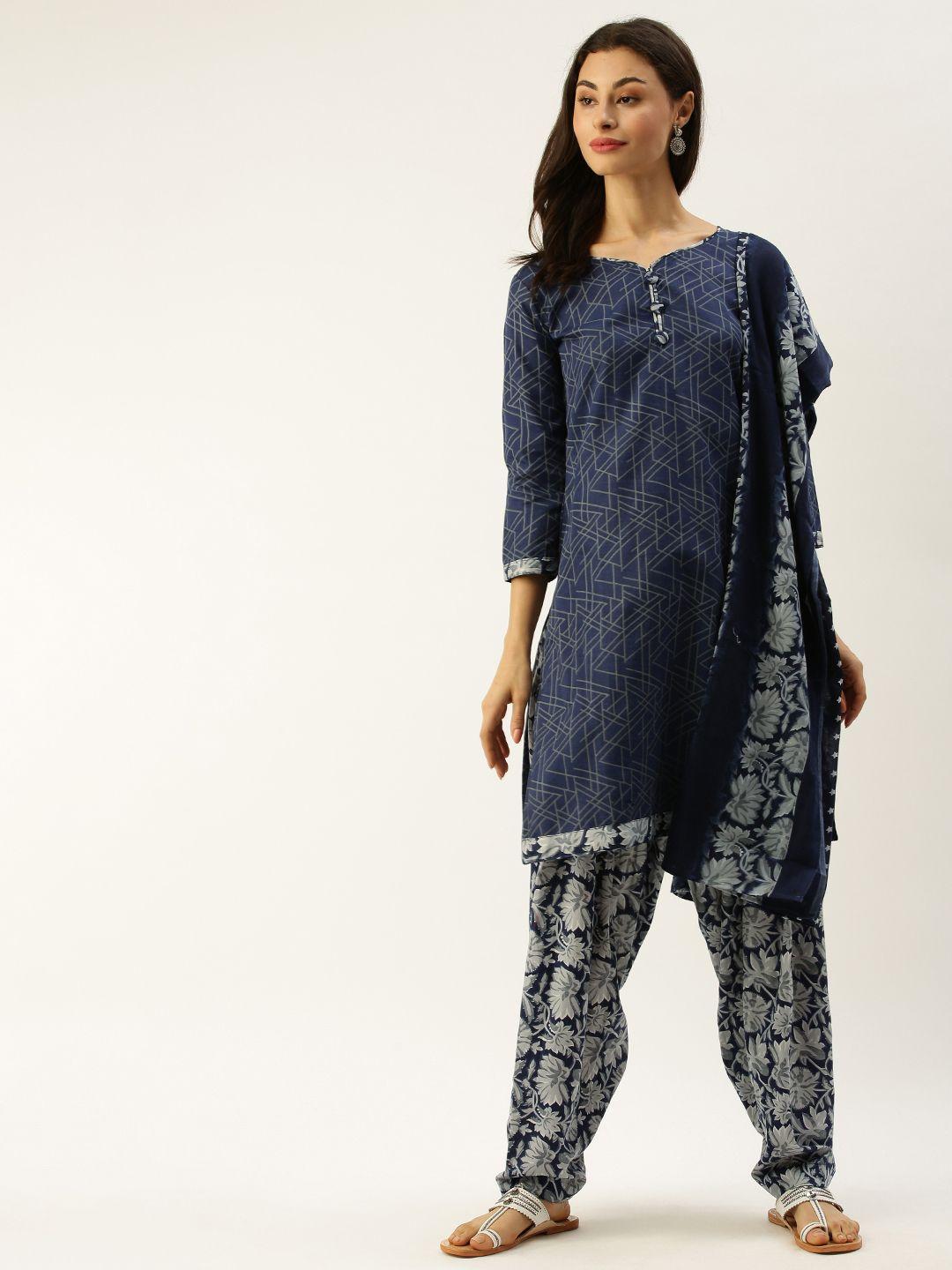 rajnandini navy blue & grey cotton blend printed unstitched dress material