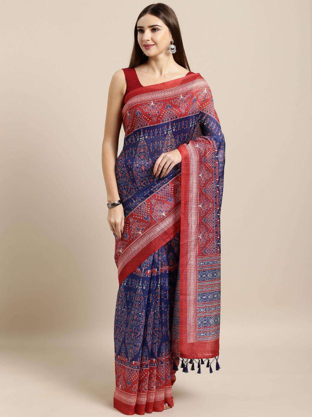 rajnandini navy blue & red silk cotton printed kalamkari saree