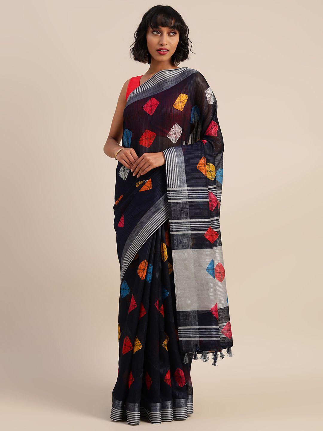 rajnandini navy blue linen blend printed bandhani saree