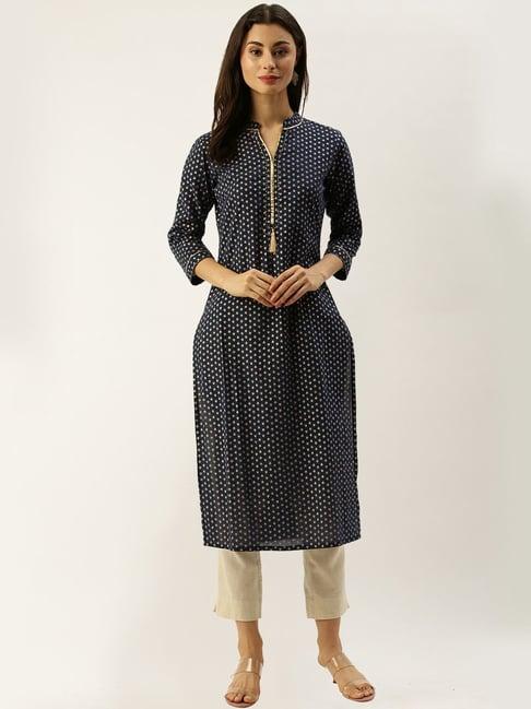 rajnandini navy cotton printed straight kurta