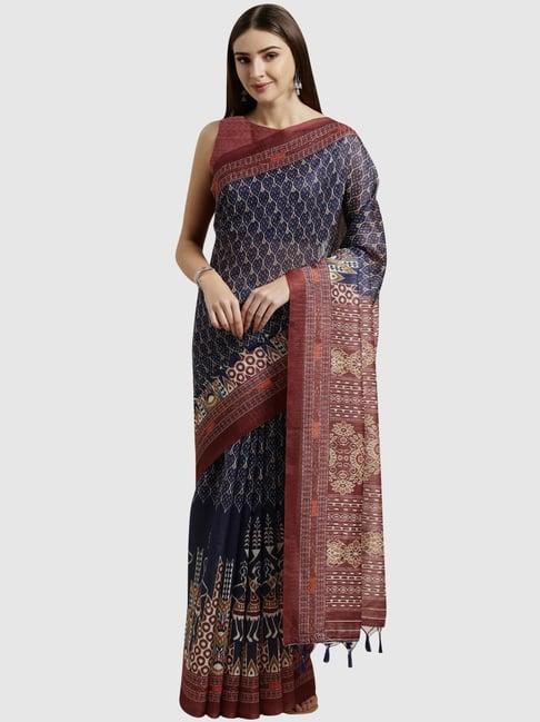 rajnandini navy cotton silk printed saree with unstitched blouse