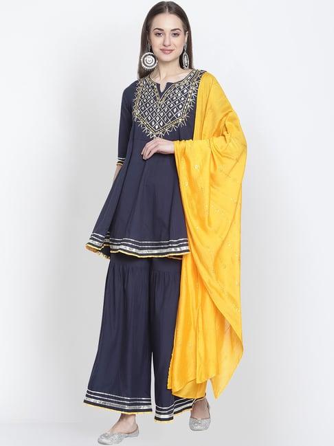 rajnandini navy embroidered kurti sharara set with dupatta