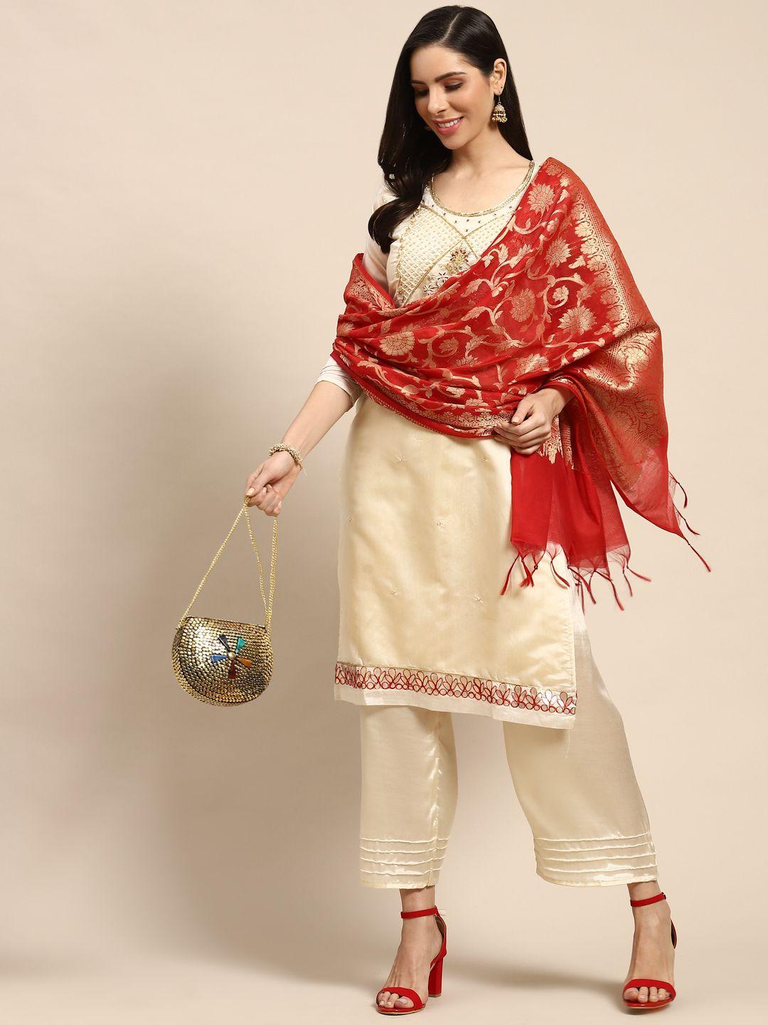 rajnandini off-white & red embroidered semi-stitched dress material
