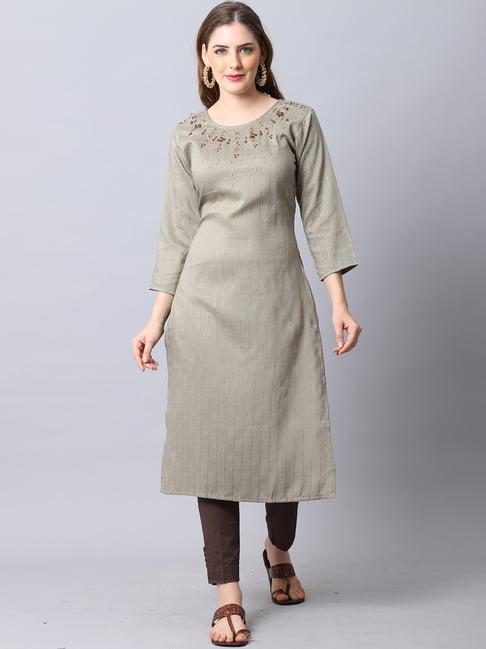 rajnandini olive green embroidered straight kurta