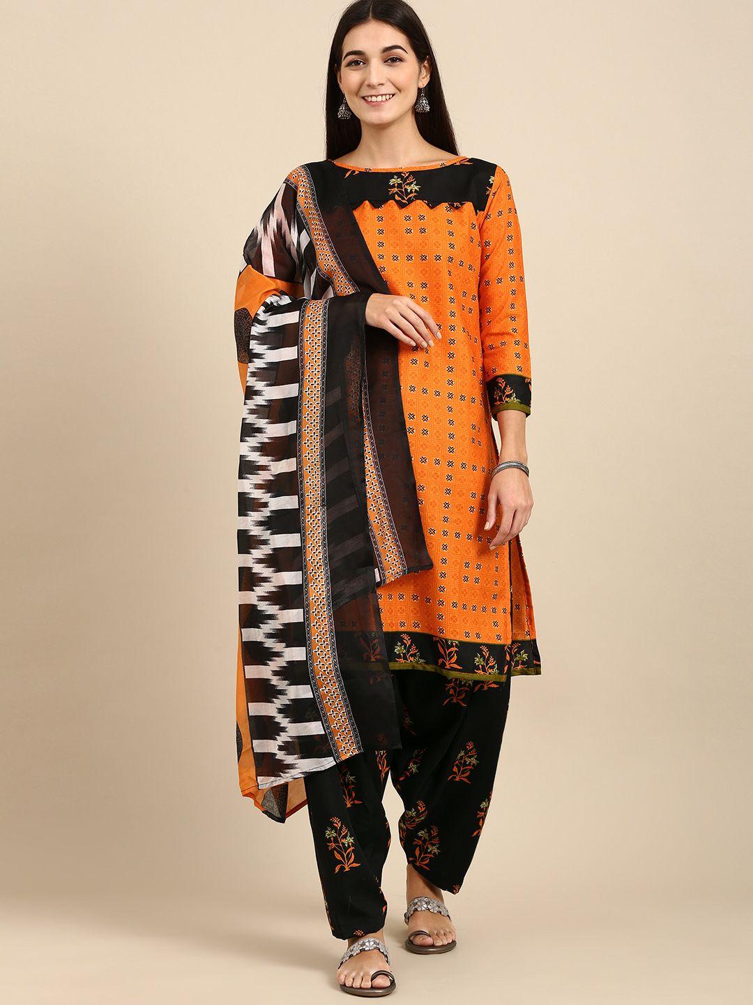 rajnandini orange & black printed unstitched dress material