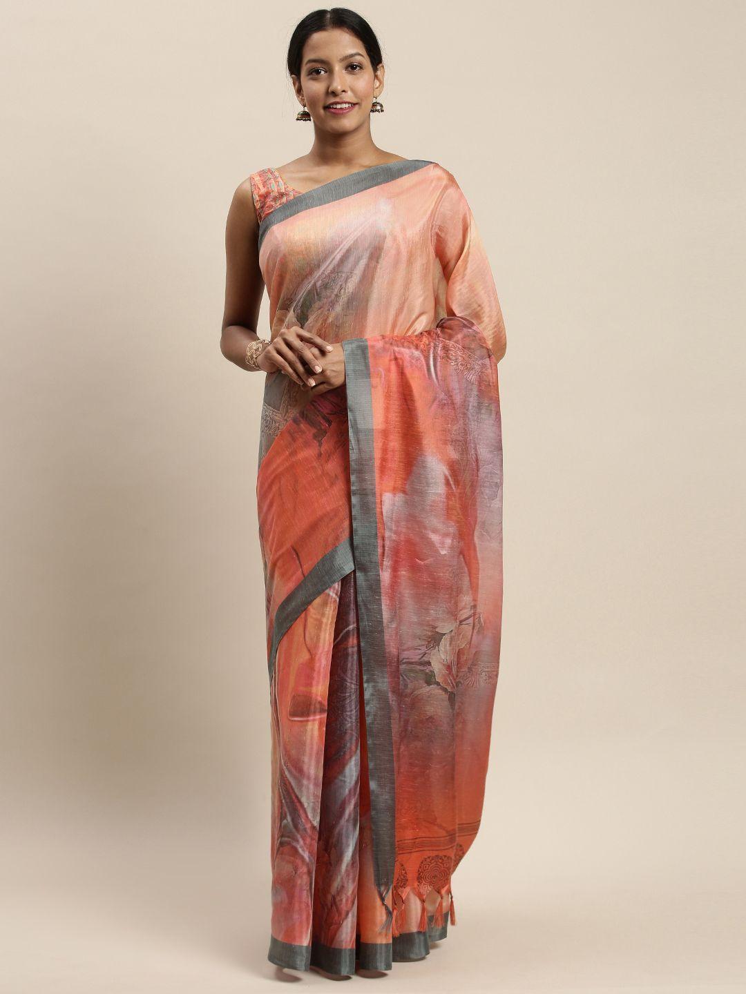 rajnandini orange & grey silk blend printed saree