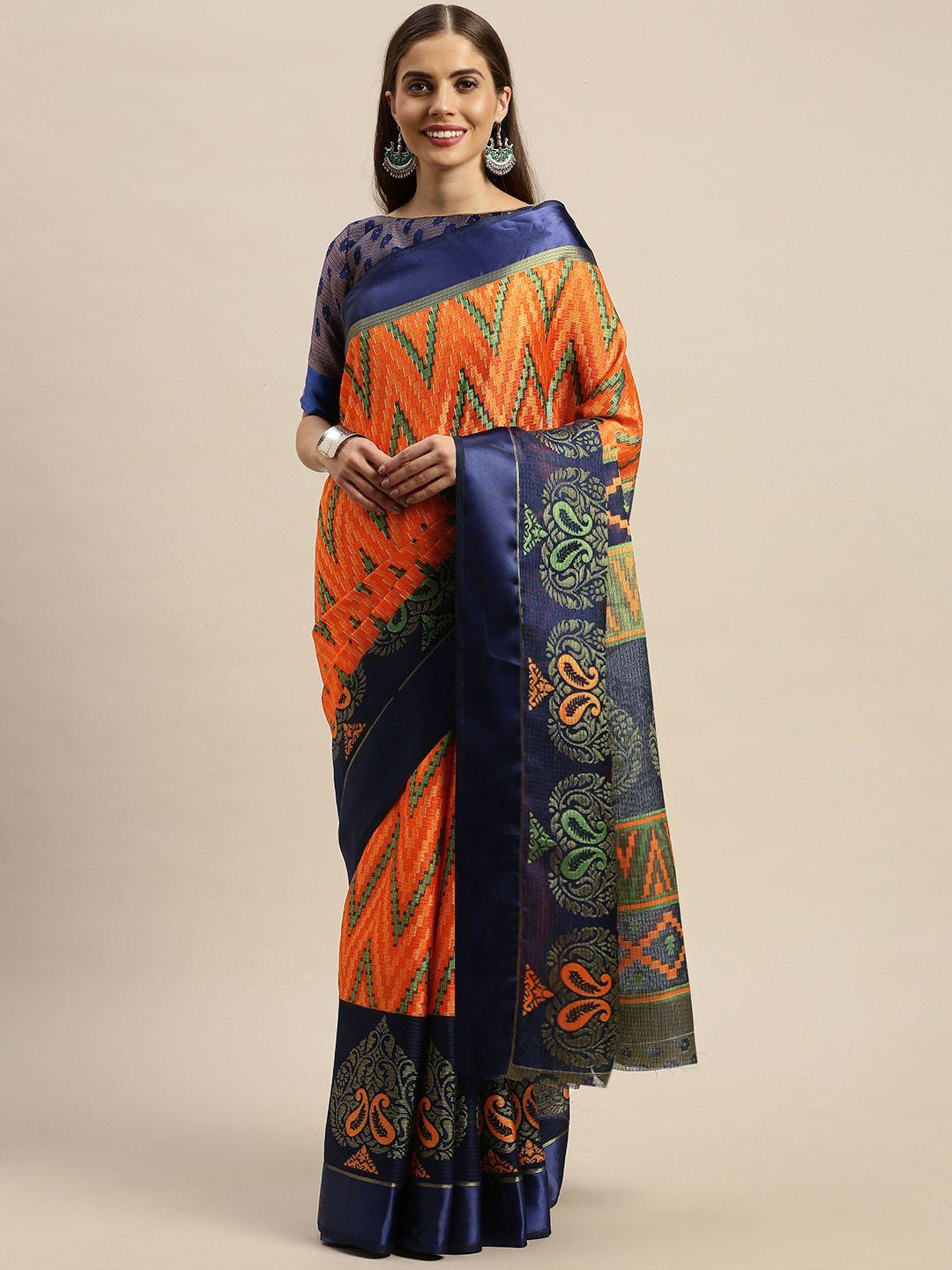 rajnandini orange & navy blue silk cotton printed kota saree