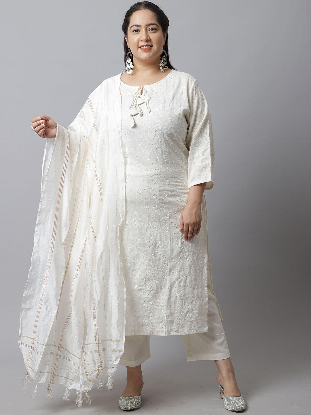 rajnandini plus size floral embroidered pure cotton kurta with trousers & with dupatta