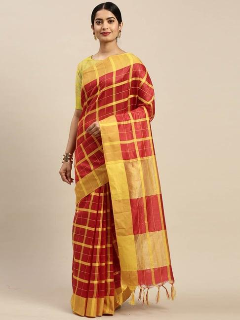 rajnandini red & yellow cotton chequered saree with unstitched blouse