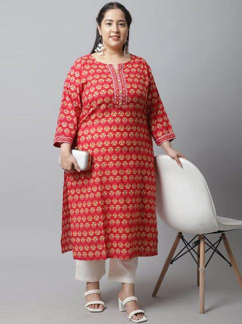 rajnandini red cotton printed straight kurta