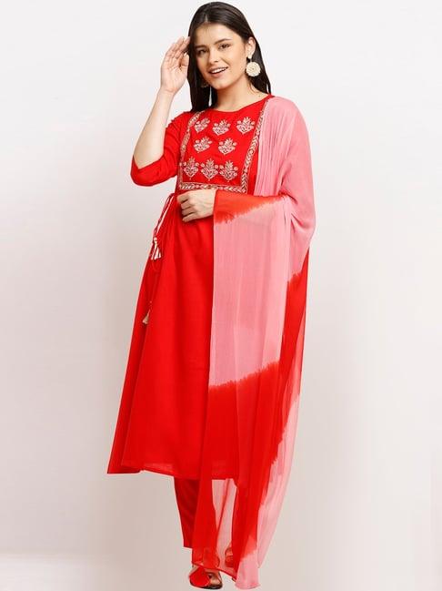 rajnandini red embroidered kurta pant set with dupatta