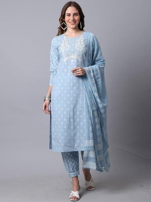 rajnandini sky blue cotton embroidered kurta pant set with dupatta