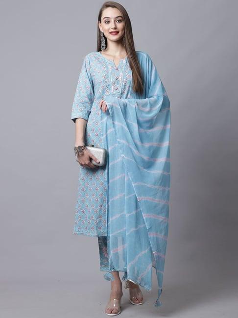 rajnandini sky blue cotton printed kurta pant set with dupatta