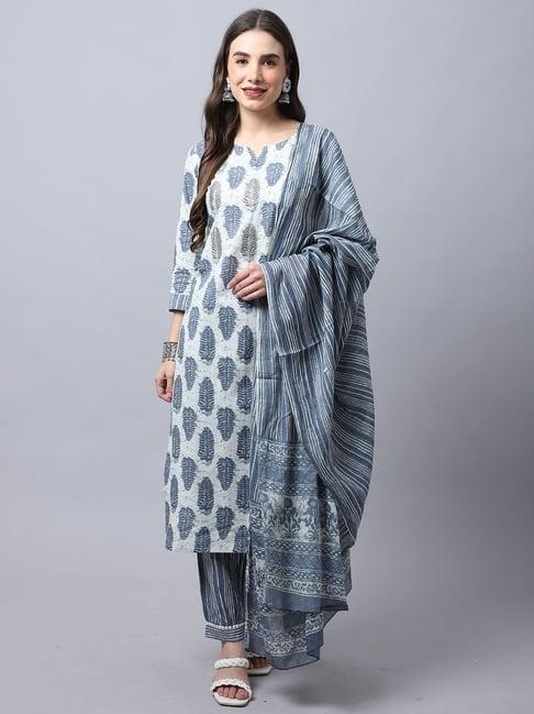 rajnandini white & blue cotton printed kurta pant set with dupatta