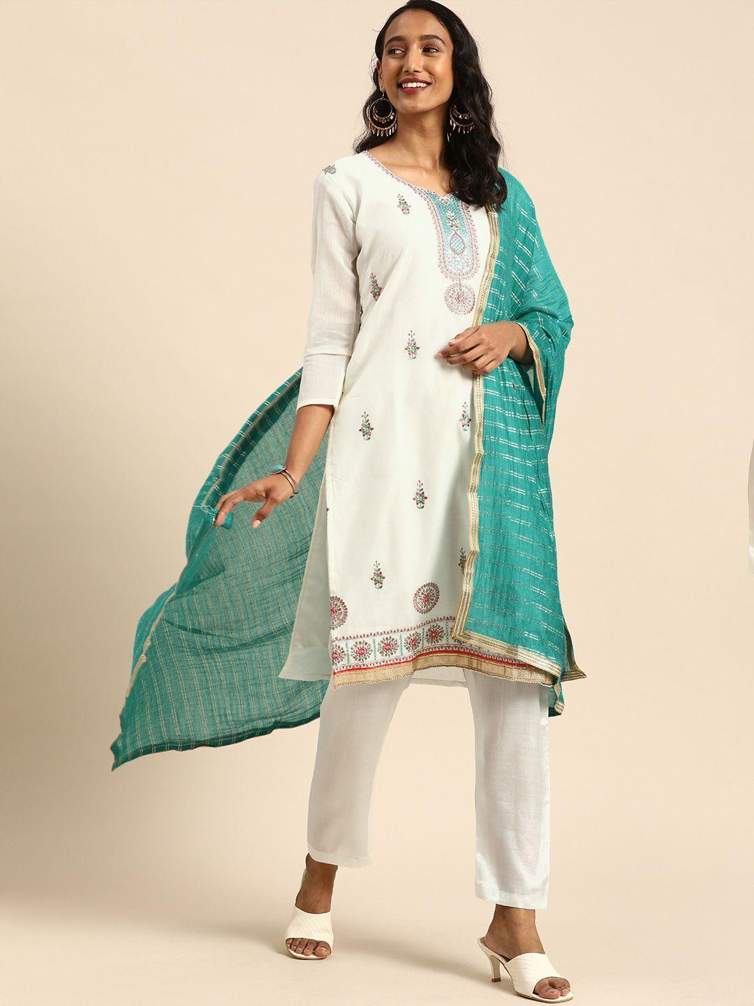 rajnandini white & green embroidered unstitched dress material