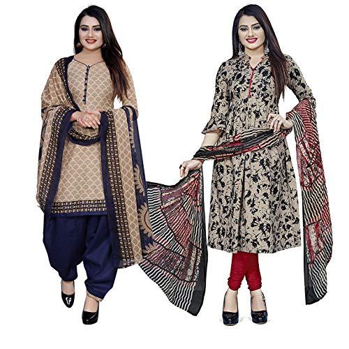 rajnandini women's beige and beige cotton printed unstitched salwar suit material (combo of 2)