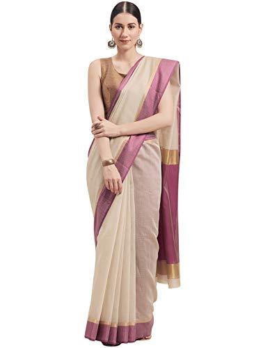 rajnandini women's beige and purple cotton woven traditional saree with blouse piece