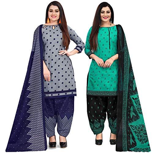 rajnandini women's grey and green cotton printed unstitched salwar suit material (combo of 2)