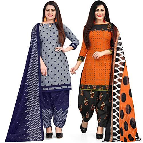 rajnandini women's grey and orange cotton printed unstitched salwar suit material (combo of 2)