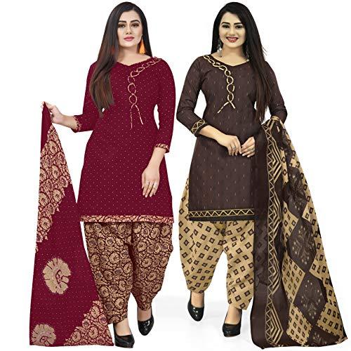 rajnandini women's maroon and brown cotton printed unstitched salwar suit material (combo of 2)