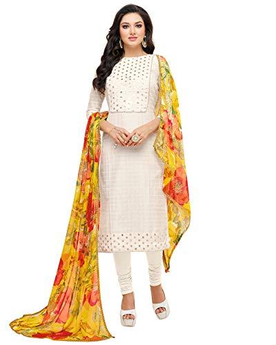 rajnandini women's off white chanderi silk embroidered semi-stitched salwar suit material with printed dupatta (free size)