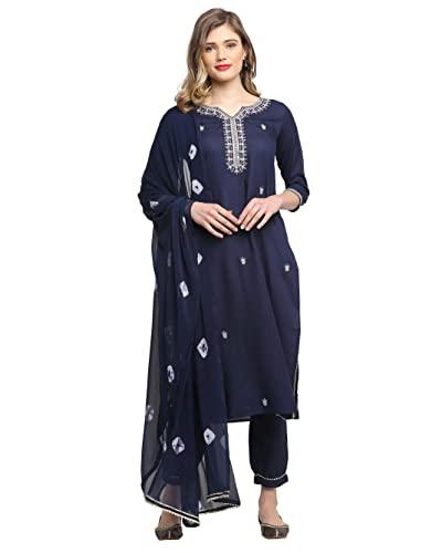 rajnandini women's pure cambric cotton embroidered straight kurta set with dupatta (ready to wear; navy blue; x-large)(jopljpr810-xl)