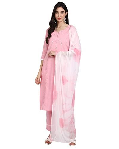 rajnandini women's pure cambric cotton embroidered straight kurta set with dupatta (ready to wear; pink; large)(jopljpr812-l)