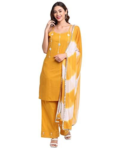 rajnandini women's pure cambric cotton embroidered straight kurta set with dupatta (ready to wear; yellow; x-large)(joplvl236-xl)