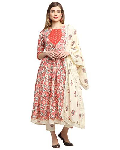 rajnandini women's pure cotton floral printed a-line kurta set with dupatta (ready to wear; beige and red; xx-large)(jopljpr804b-xxl)