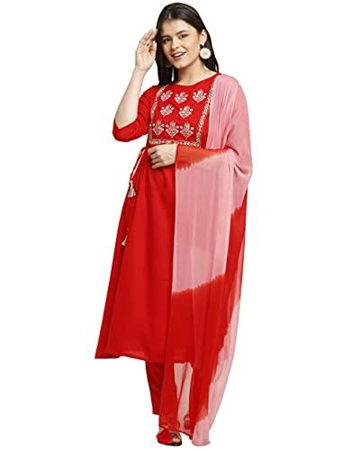 rajnandini women's rayon slub embroidered a-line kurta set with dupatta (ready to wear; red; xx-large)(joplvl215-xxl)