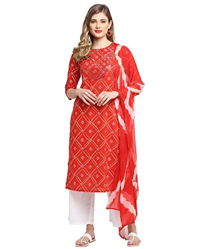 rajnandini women's red pure cambric cotton embroidered kurta set with dupatta (joplvl240-s)