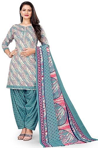 rajnandini women's teal green & beige cotton printed unstitched salwar suit material (joplvsm5167)