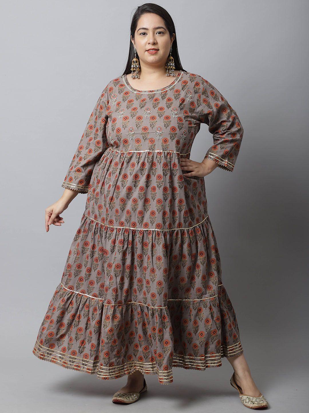 rajnandini women  plus size grey ethnic motifs printed flared sleeves anarkali kurta