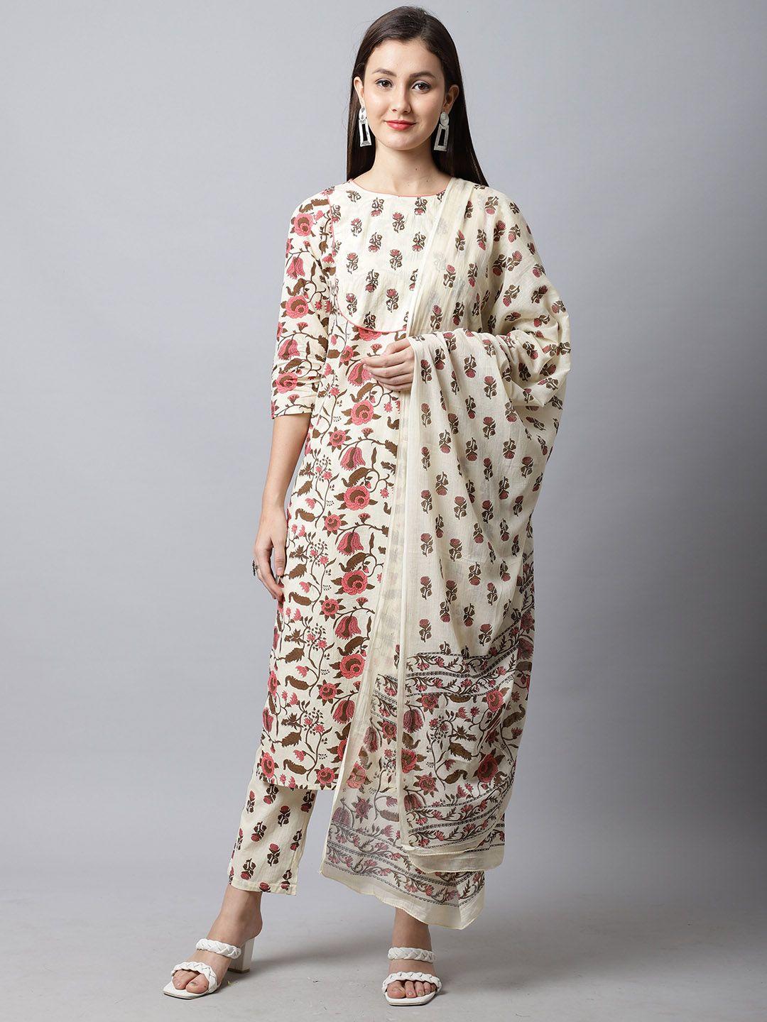 rajnandini women beige ethnic motifs printed pure cotton kurta with trousers & with dupatta