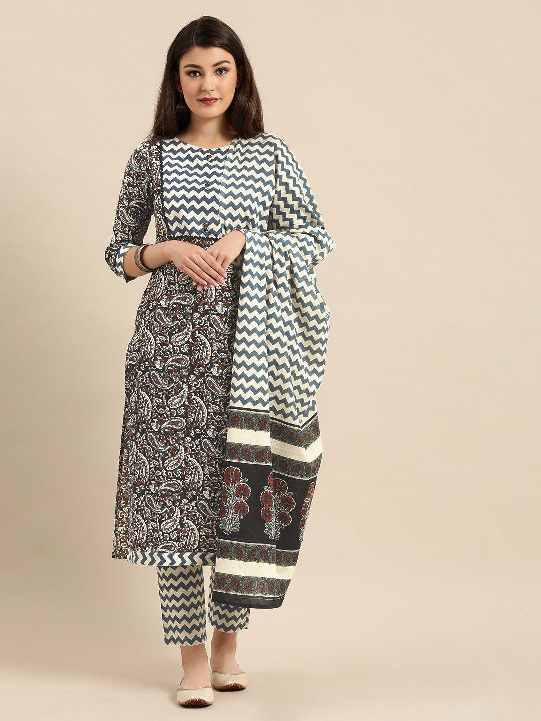 rajnandini women black & off-white pure cotton paisley print kurta with trousers & dupatta