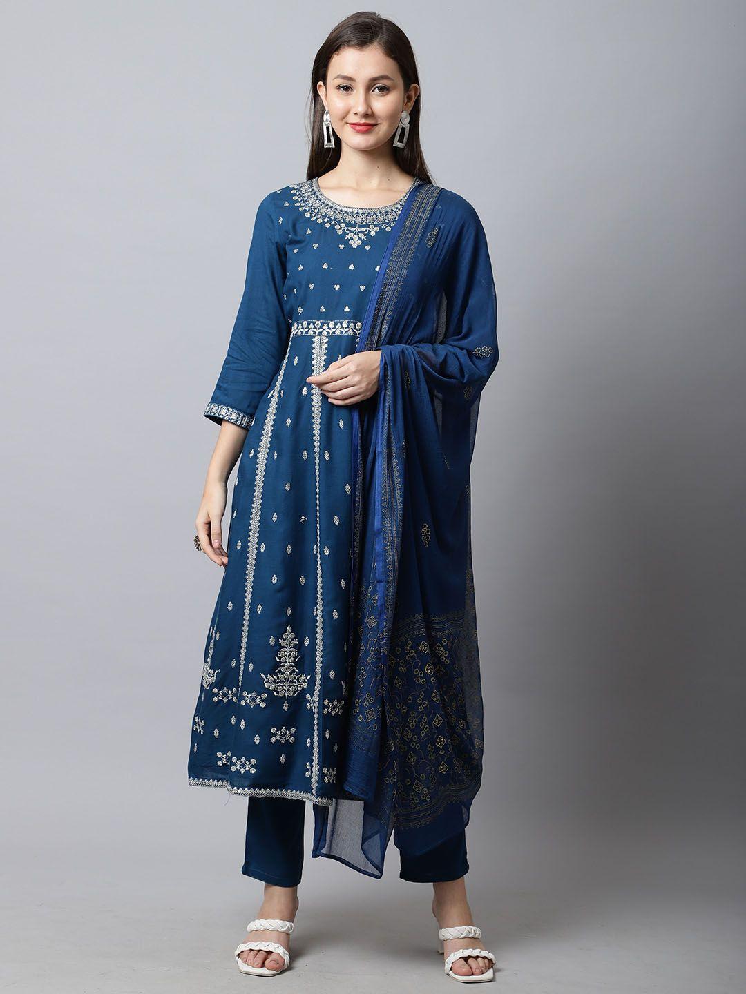 rajnandini women blue ethnic motifs printed layered kurti with trousers & with dupatta