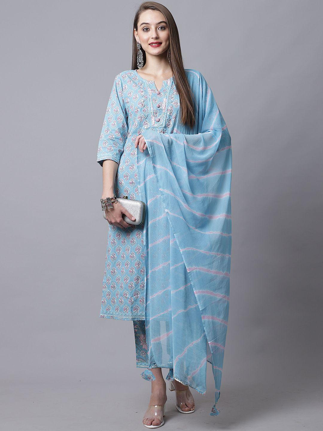 rajnandini women blue ethnic motifs printed pure cotton kurta with trousers & dupatta