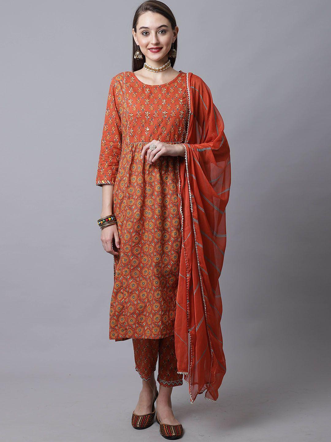 rajnandini women brown floral printed pure cotton kurta with trousers & with dupatta