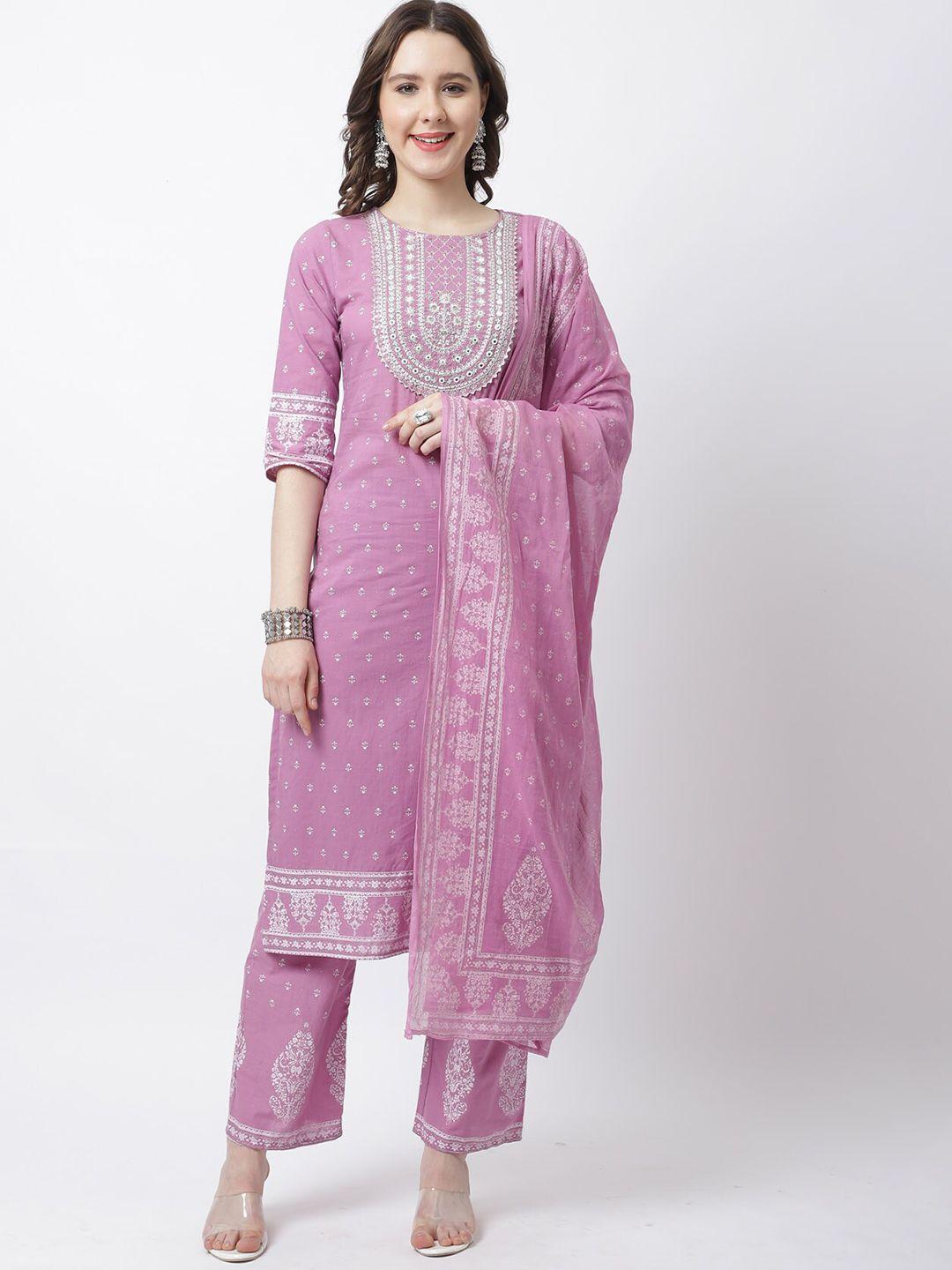 rajnandini women ethnic motifs embroidered mirror work pure cotton kurta with trousers & dupatta