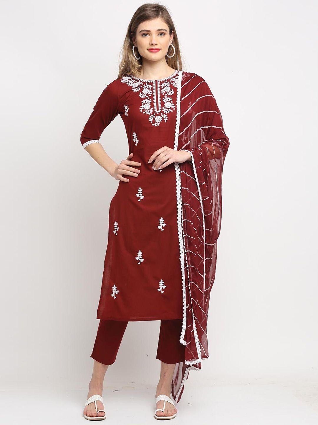 rajnandini women floral embroidered thread work pure cotton kurta with trousers & dupatta