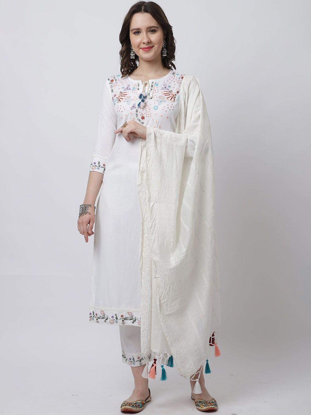 rajnandini women floral embroidered thread work pure cotton kurta with trousers & dupatta