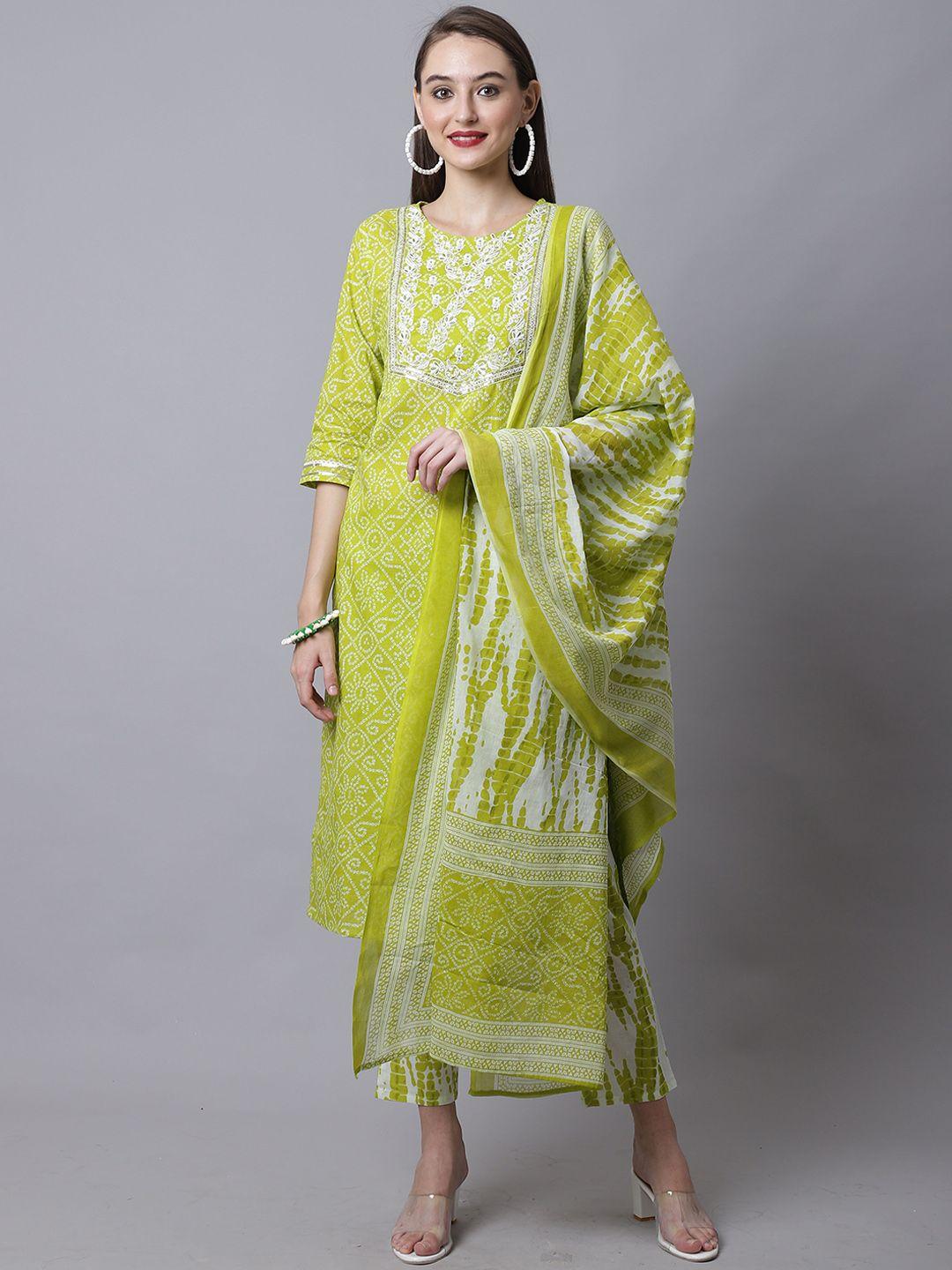 rajnandini women green bandhani embroidered pure cotton kurta with trousers & dupatta