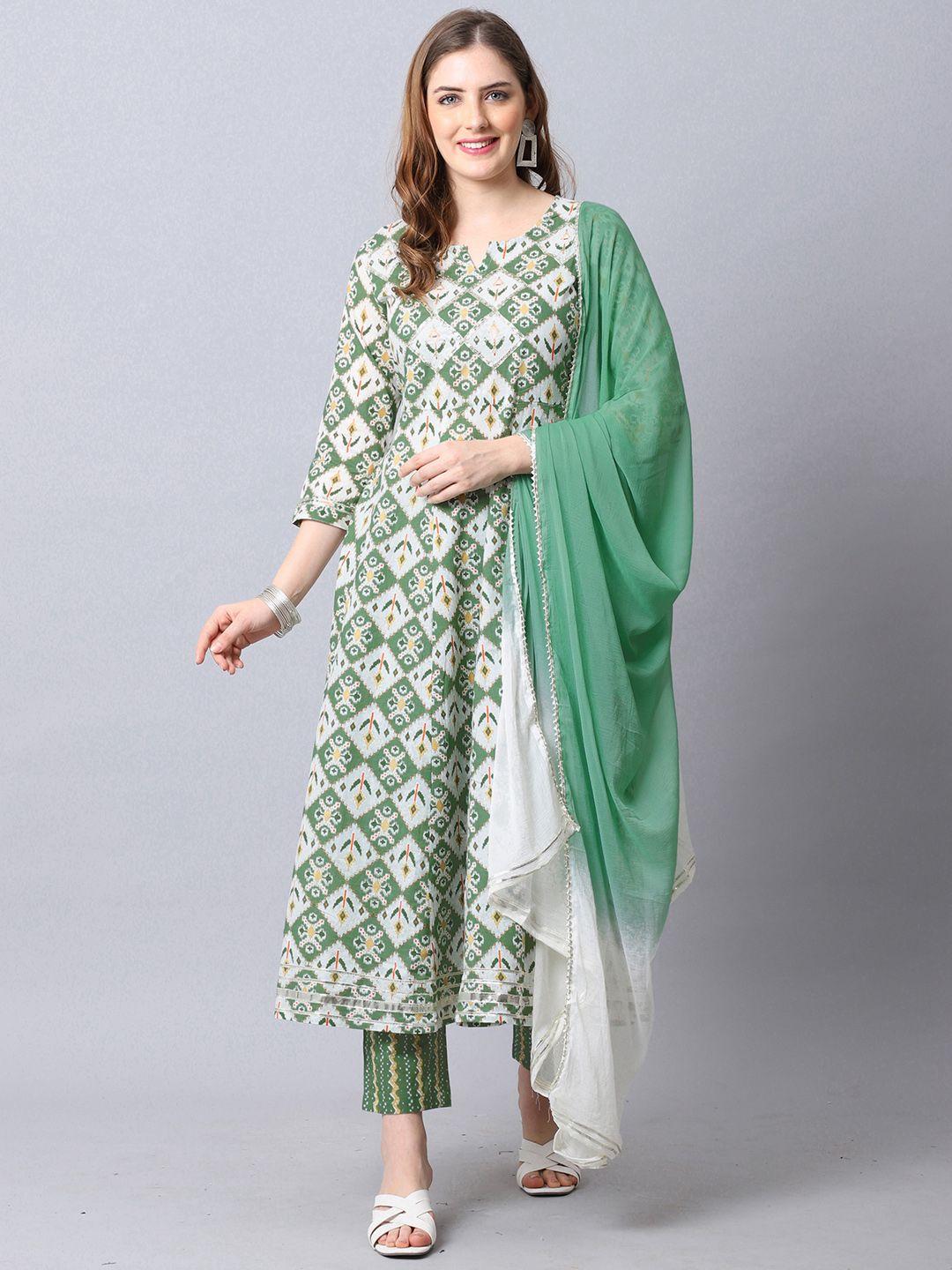 rajnandini women green floral printed  pure cotton kurta with trousers & with dupatta