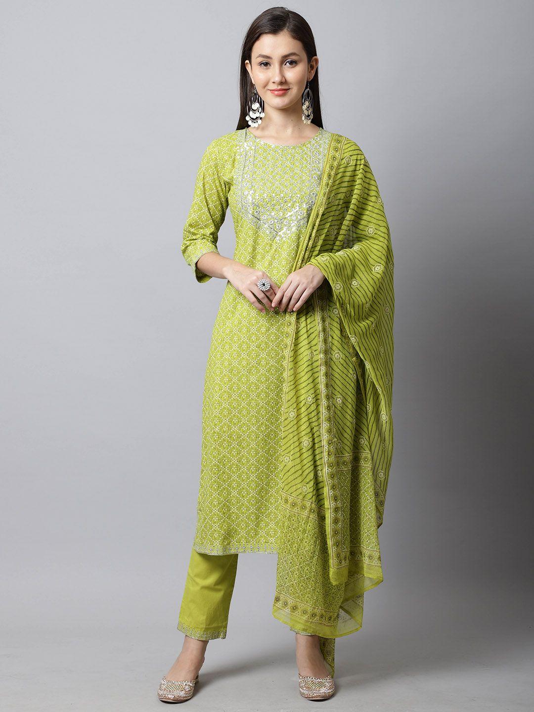 rajnandini women green floral yoke design pure cotton kurta with trousers & with dupatta