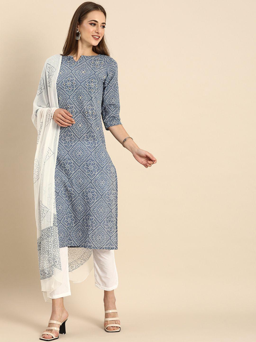 rajnandini women grey bandhani printed beads and stones pure cotton kurta with trousers & with dupatta